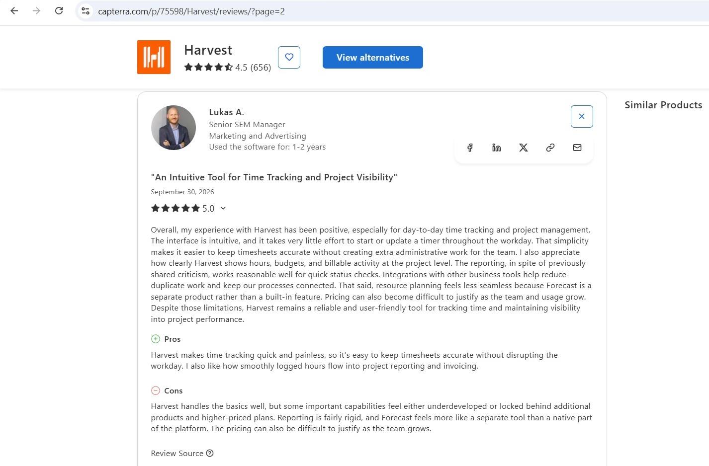 a screenshot of lukas a.'s 5-star capterra review of harvest