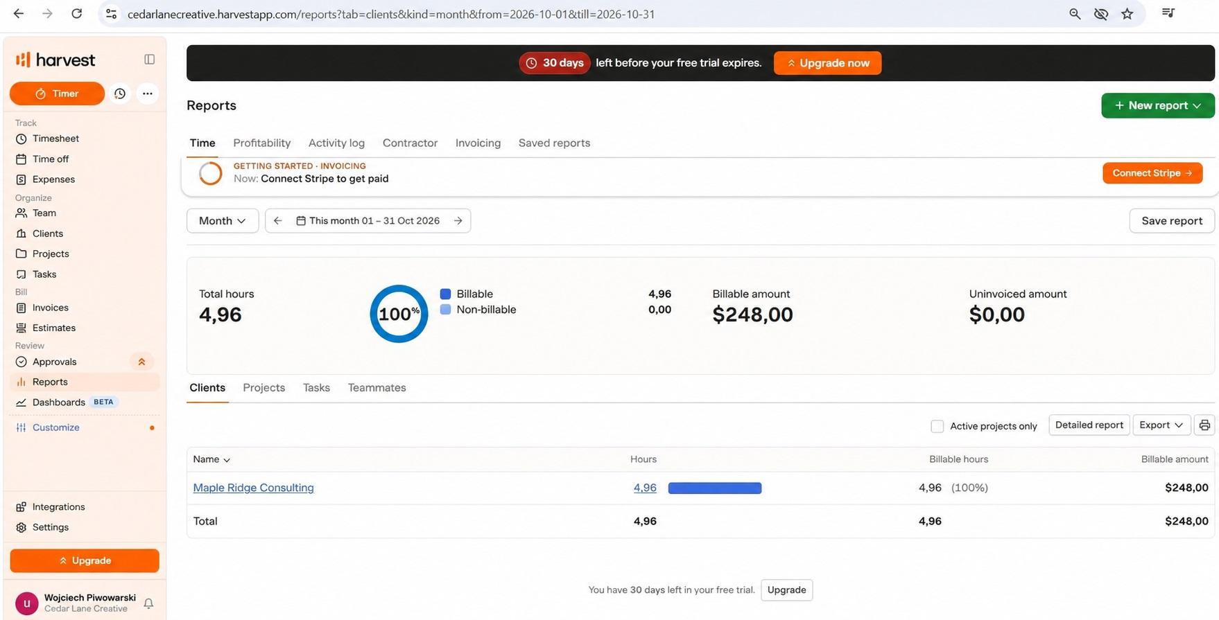 a screenshot of harvest's monthly time report by client