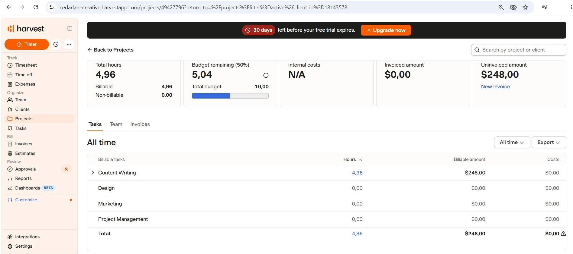 a screenshot of a harvest project with remaining budget and uninvoiced amount