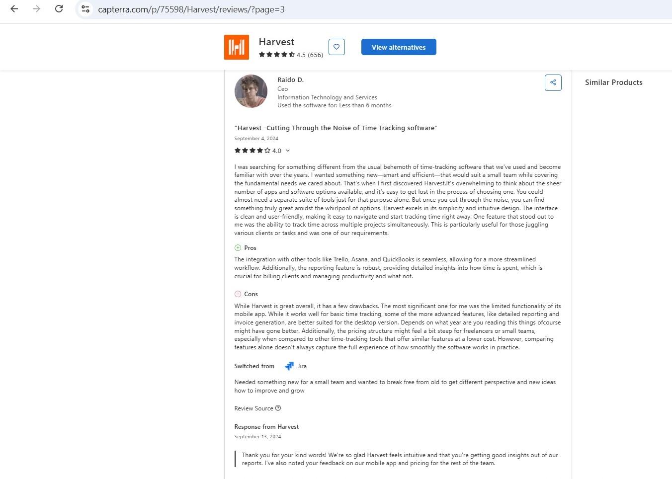 a screenshot of raido d.'s 4-star capterra review of harvest