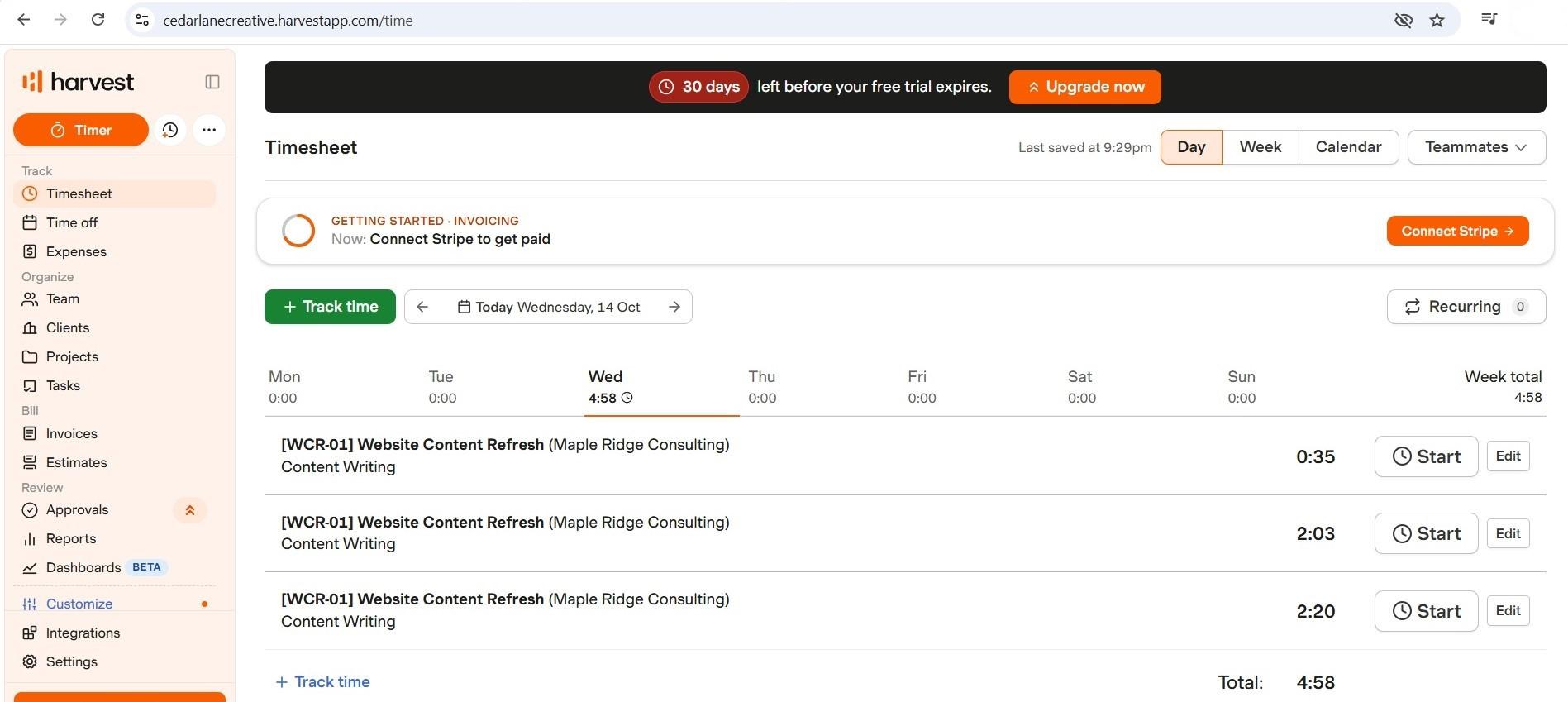 a screenshot of a harvest timesheet with three content writing entries