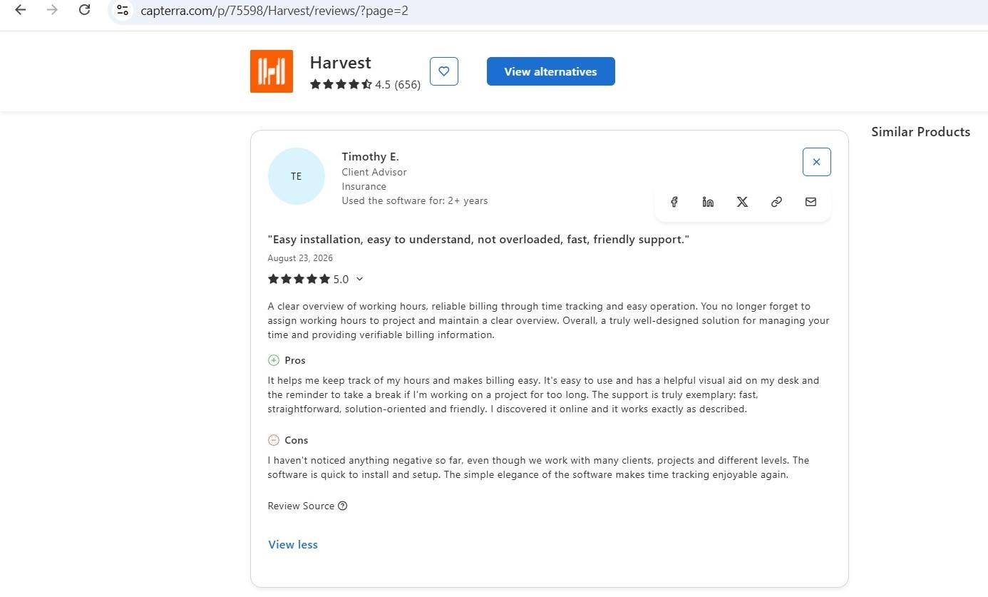 a screenshot of timothy e.'s 5-star capterra review of harvest