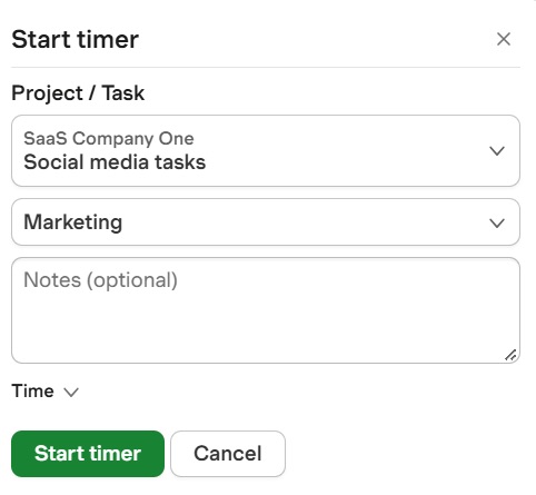 a screenshot of harvest's timer view