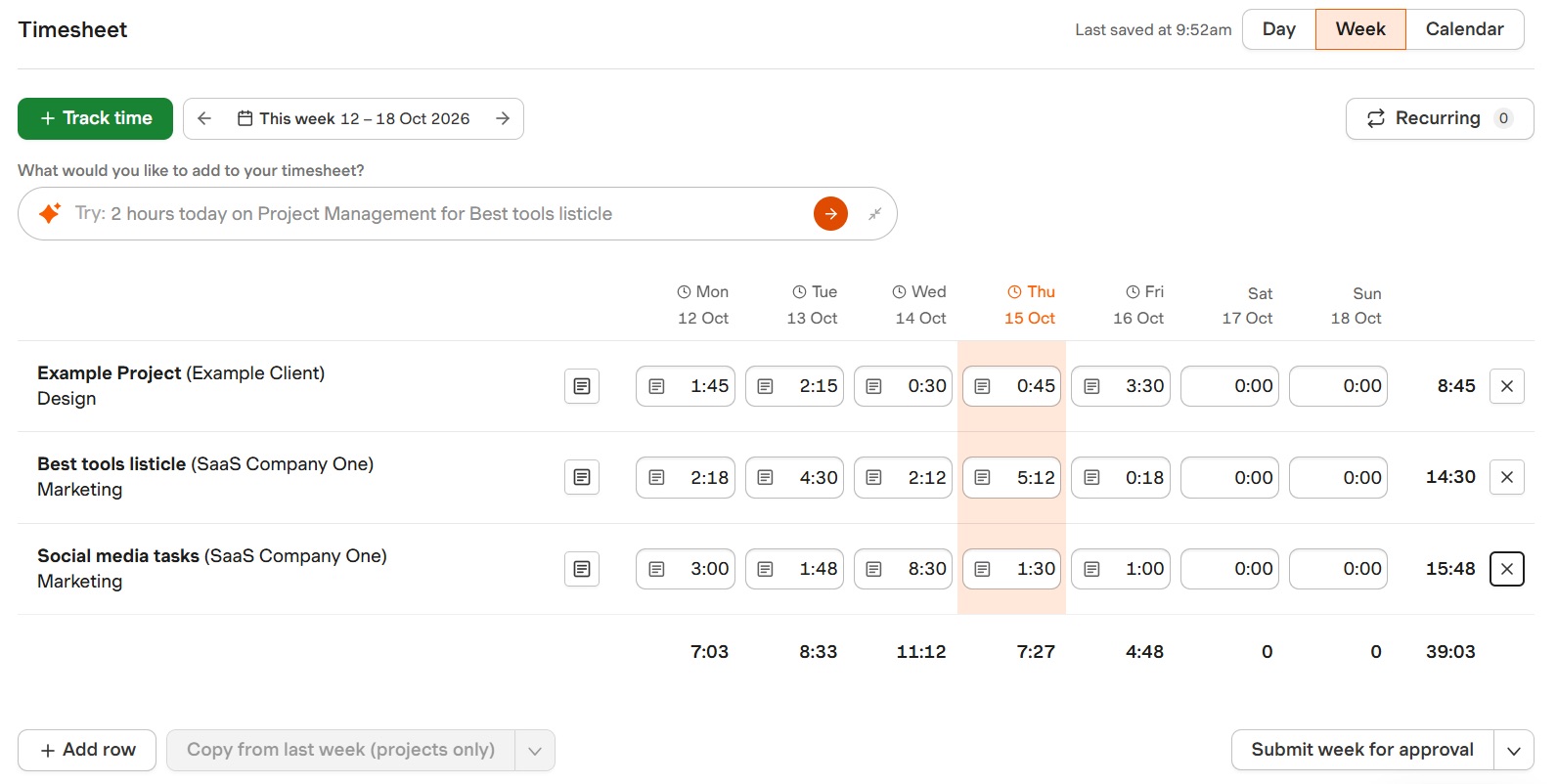 a screenshot of timesheet view in harvest