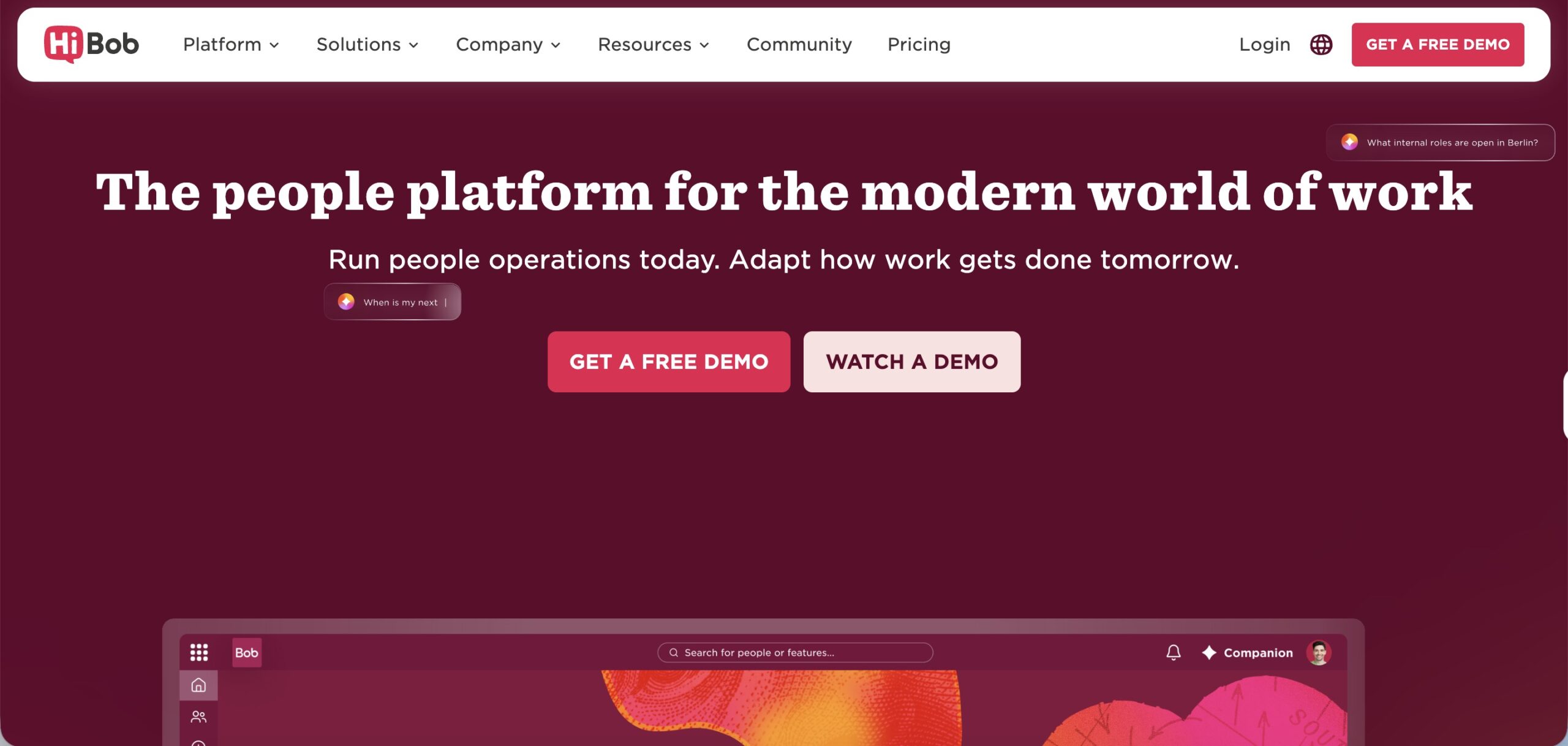 a screenshot of hero section of hibob website 