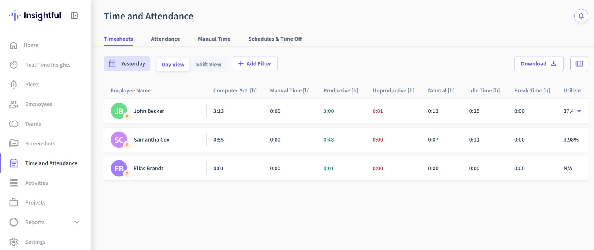 a screenshot of time and attendance view in insighful