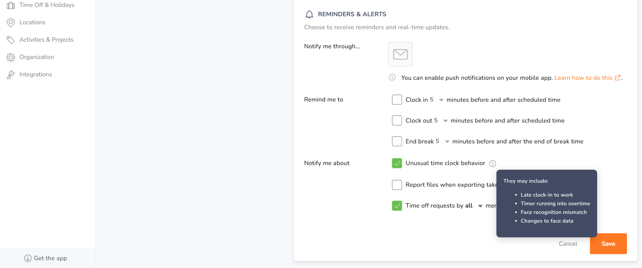 a snapshot of the reminders & alerts setup