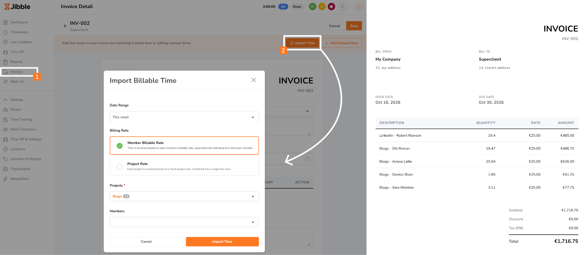 highlight of the import billable time feature and an example invoice