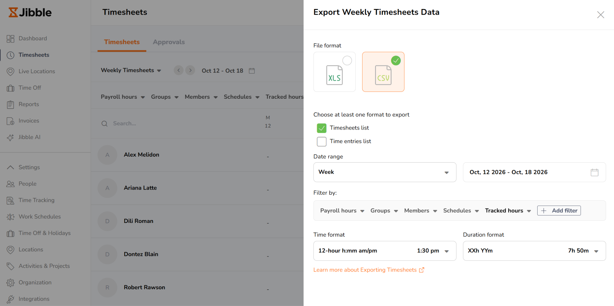 jibble's export feature via the timesheets tab