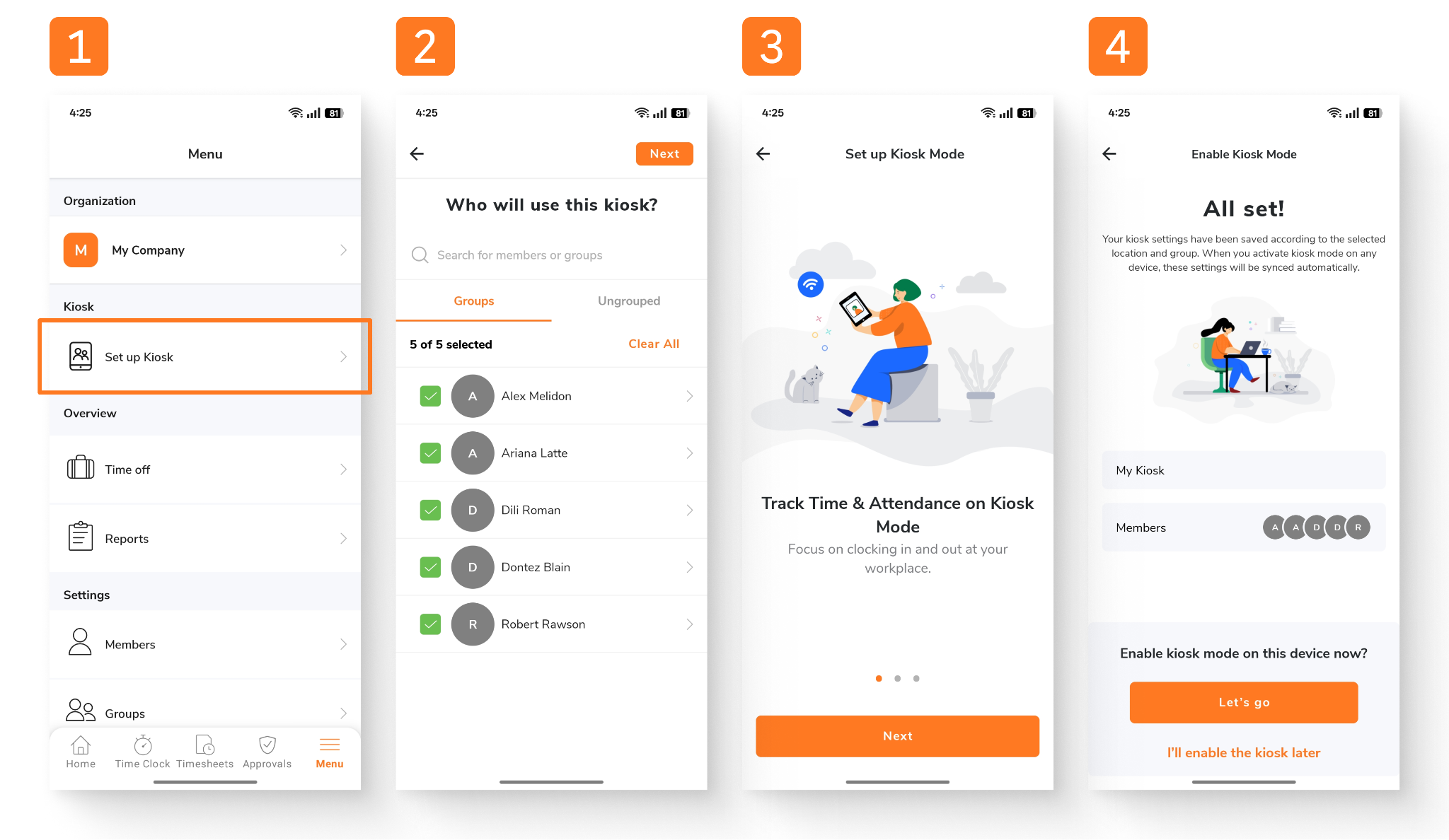 kiosk setup guide on mobile with numbered steps