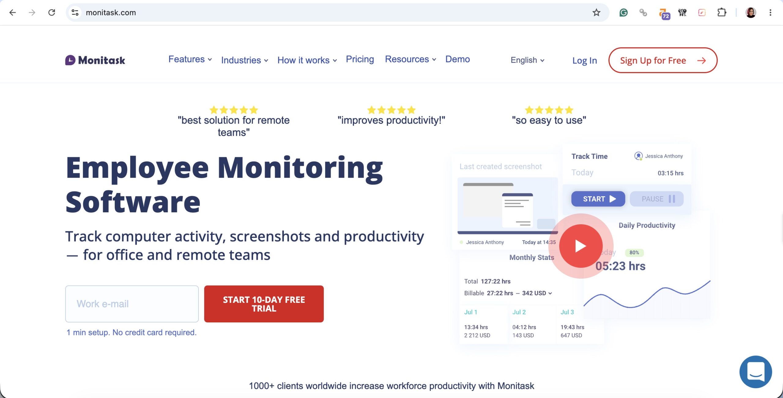 a screenshot of hero section of monitask homepage