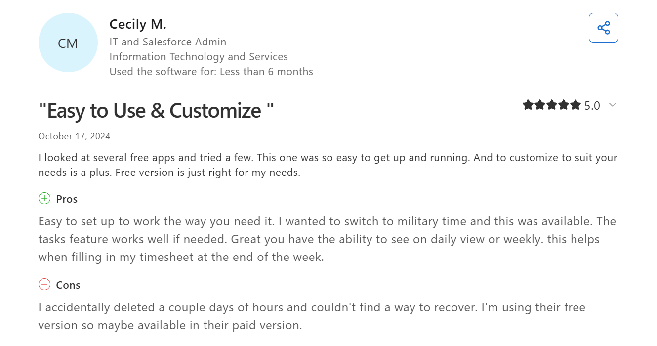 capterra my hours review by cecily m.
