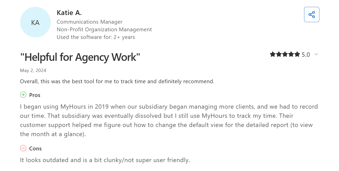 capterra my hours review by katie a.