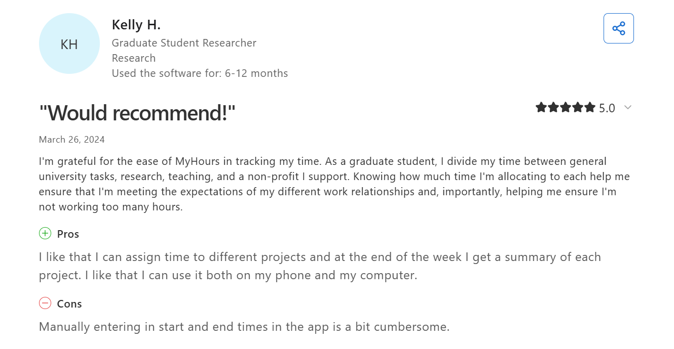 capterra my hours review by kelly h.