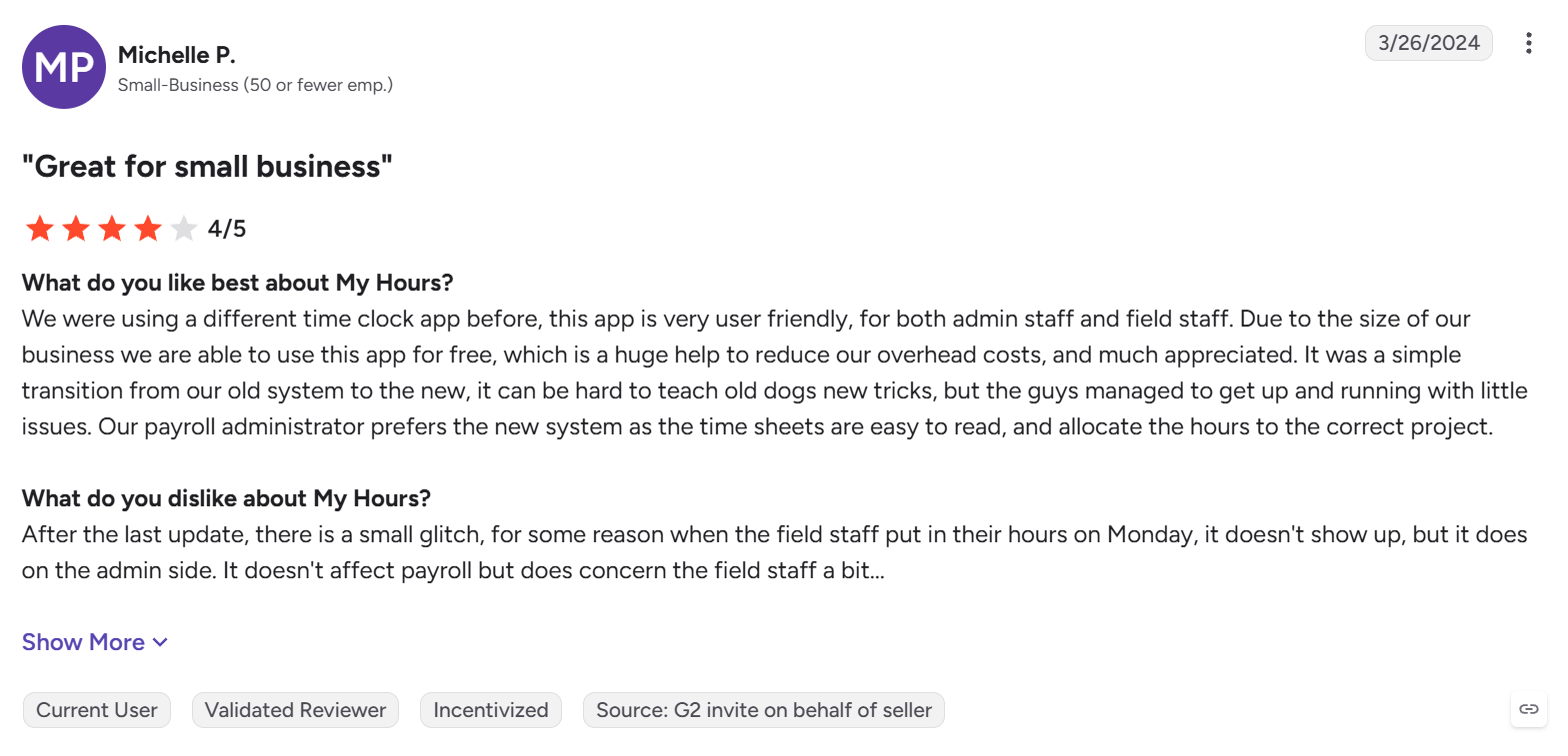 g2 my hours review by michelle p.