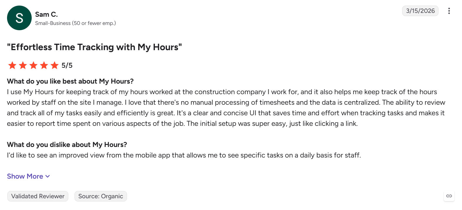 g2 my hours review by sam c.