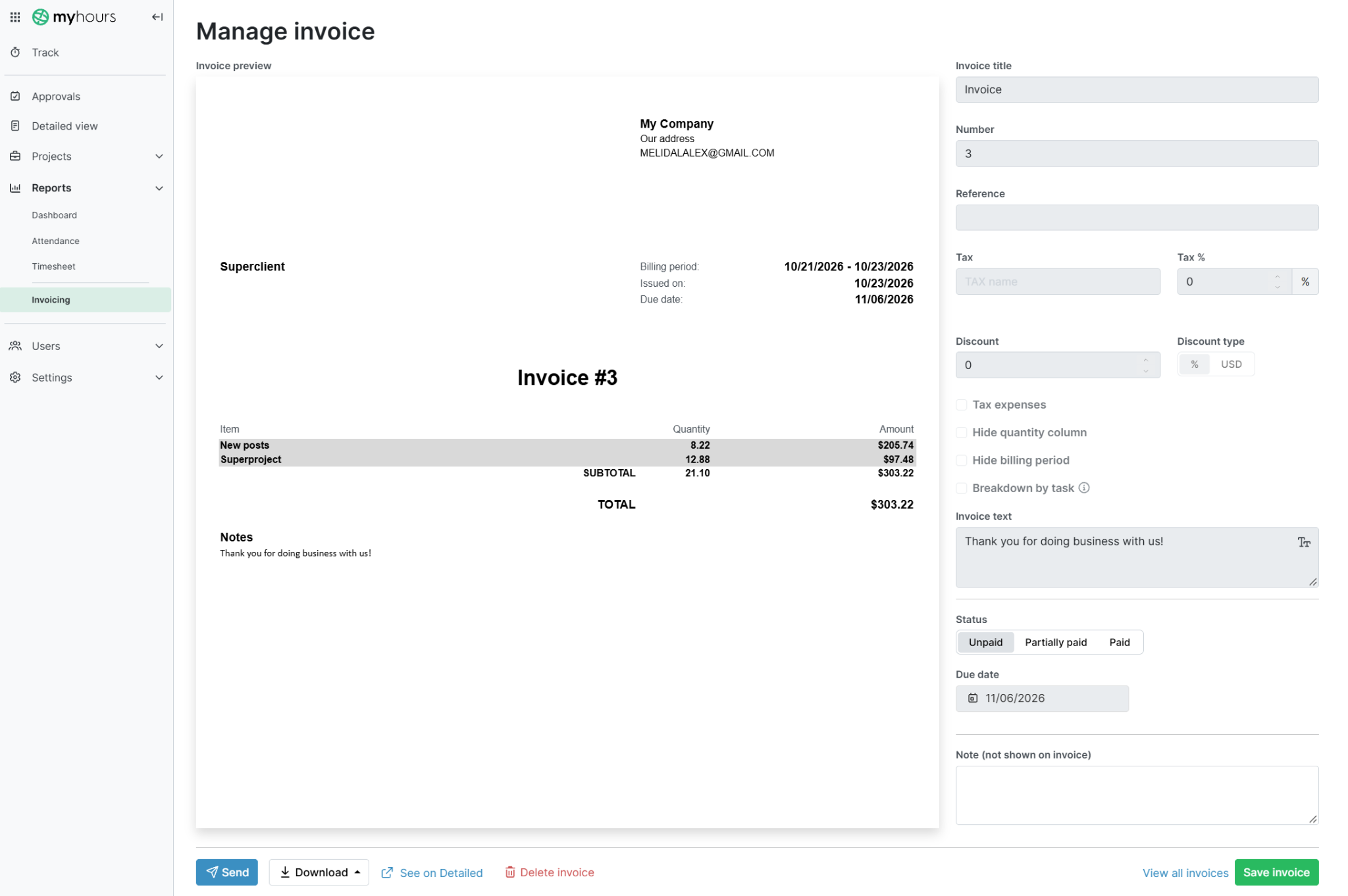 my hours sample invoice