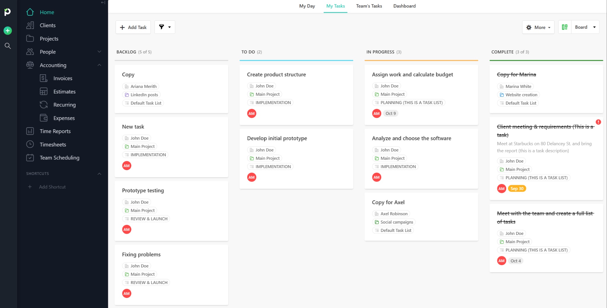 a screenshot of board view in paymo