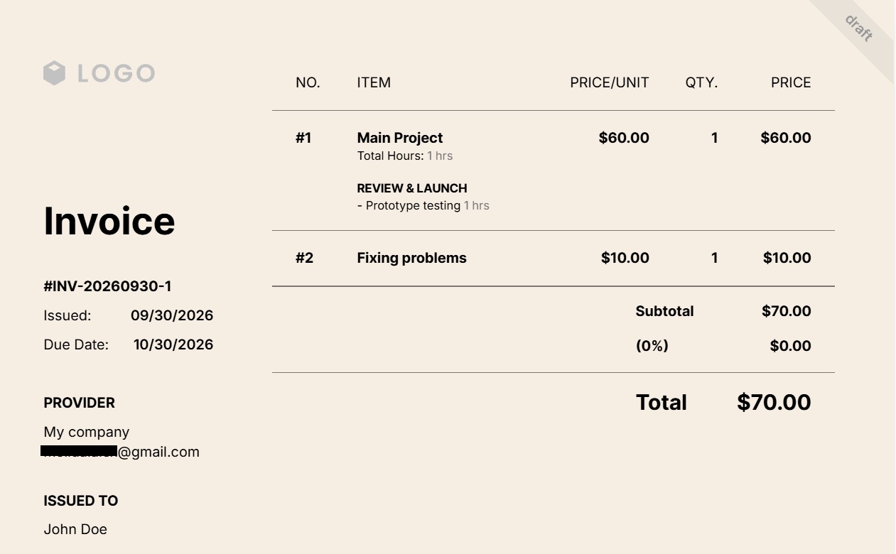 a screenshot of my own invoice made in paymo