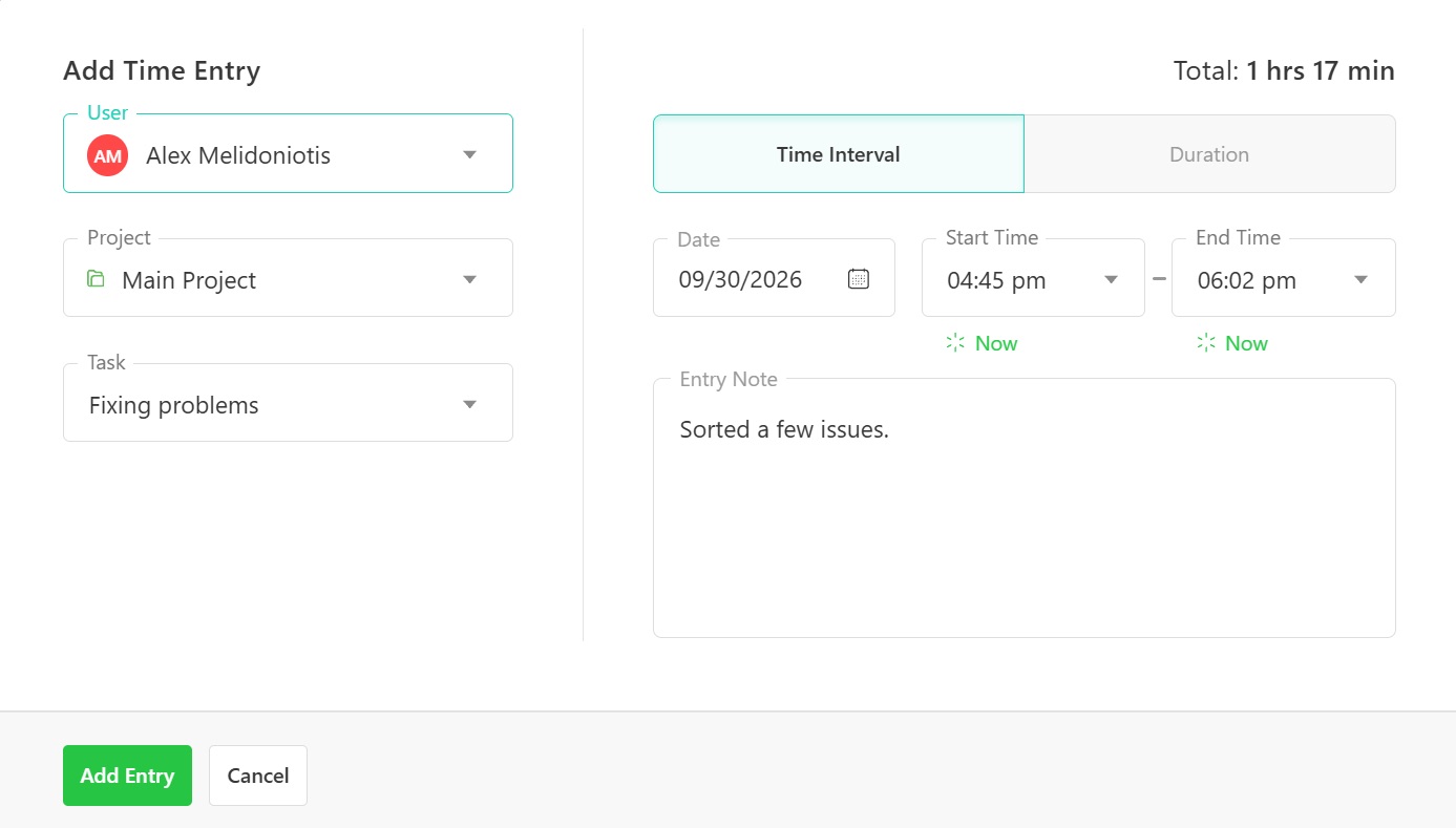 a screenshot of time entry in paymo