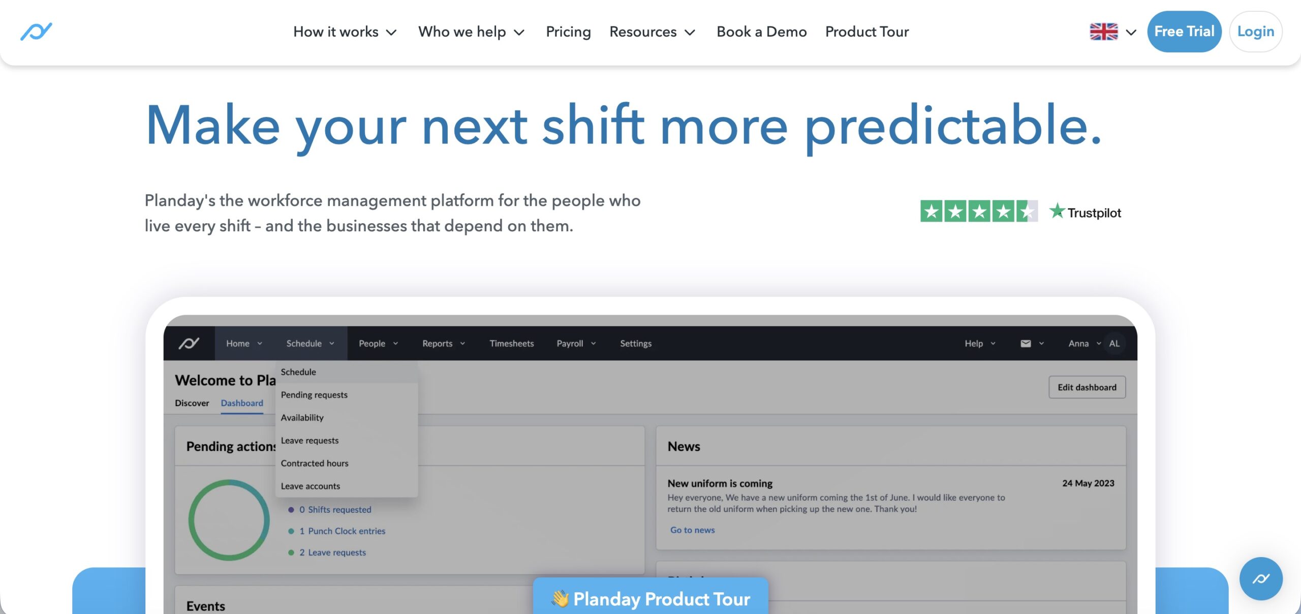 a screenshot of hero section of planday website, October 2026