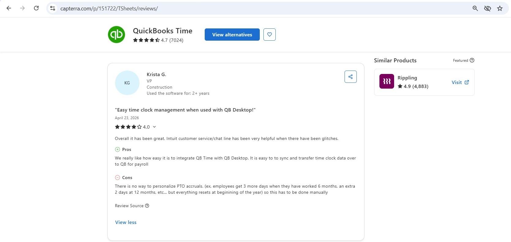 a screenshot of captrerra review of quickbooks time 2