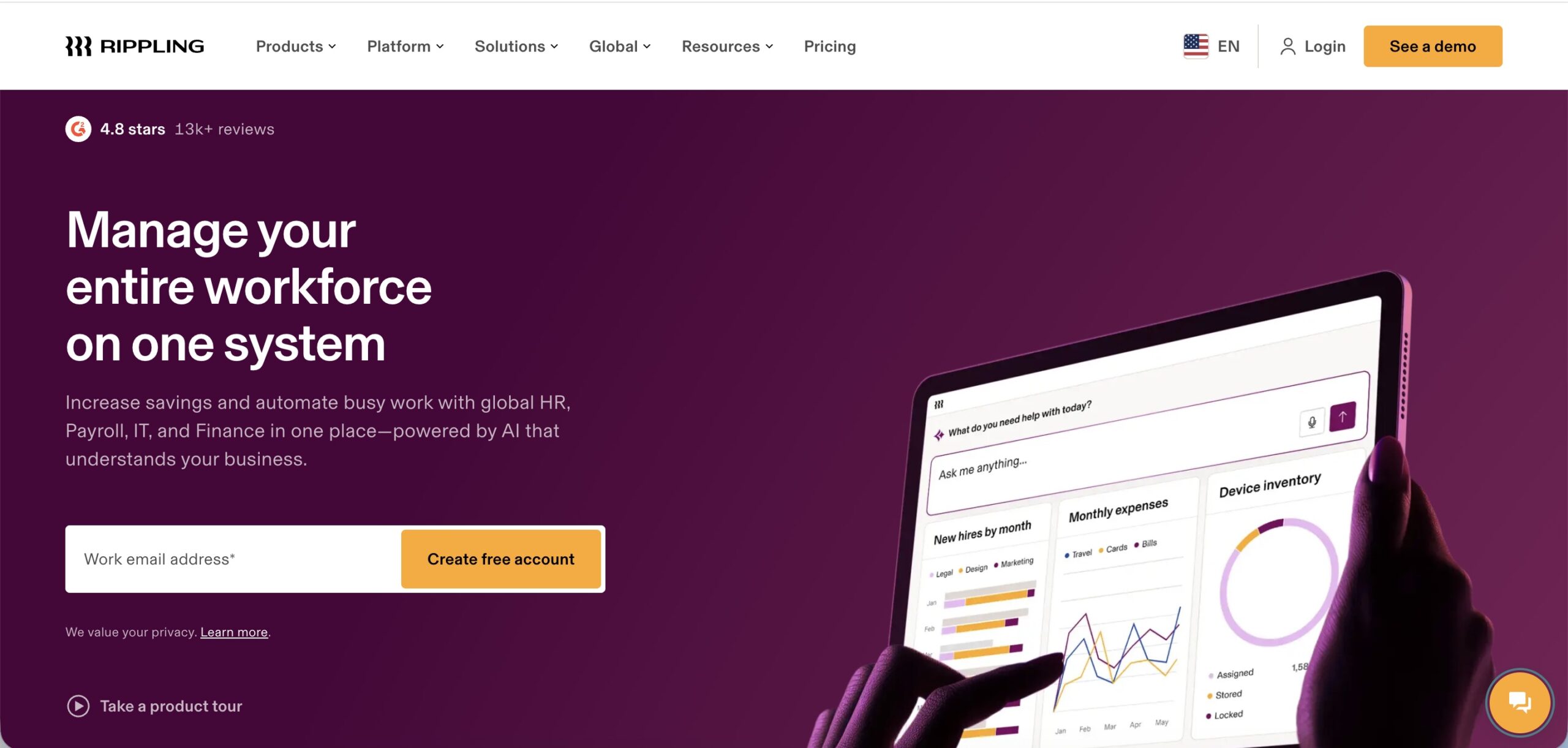 a screenshot of hero section of rippling website