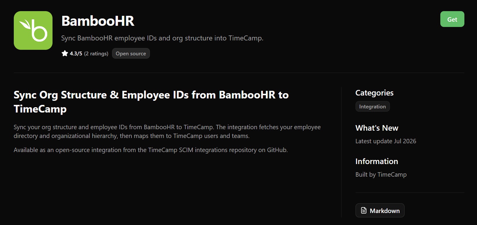 a screenshot of bamboohr integration in timecamp marketplace for a blog post about bamboohr alternatives