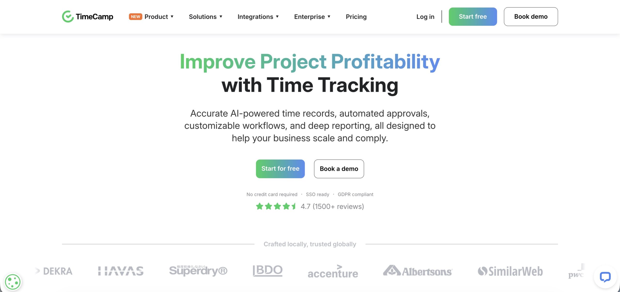 a hero section of timecamp website