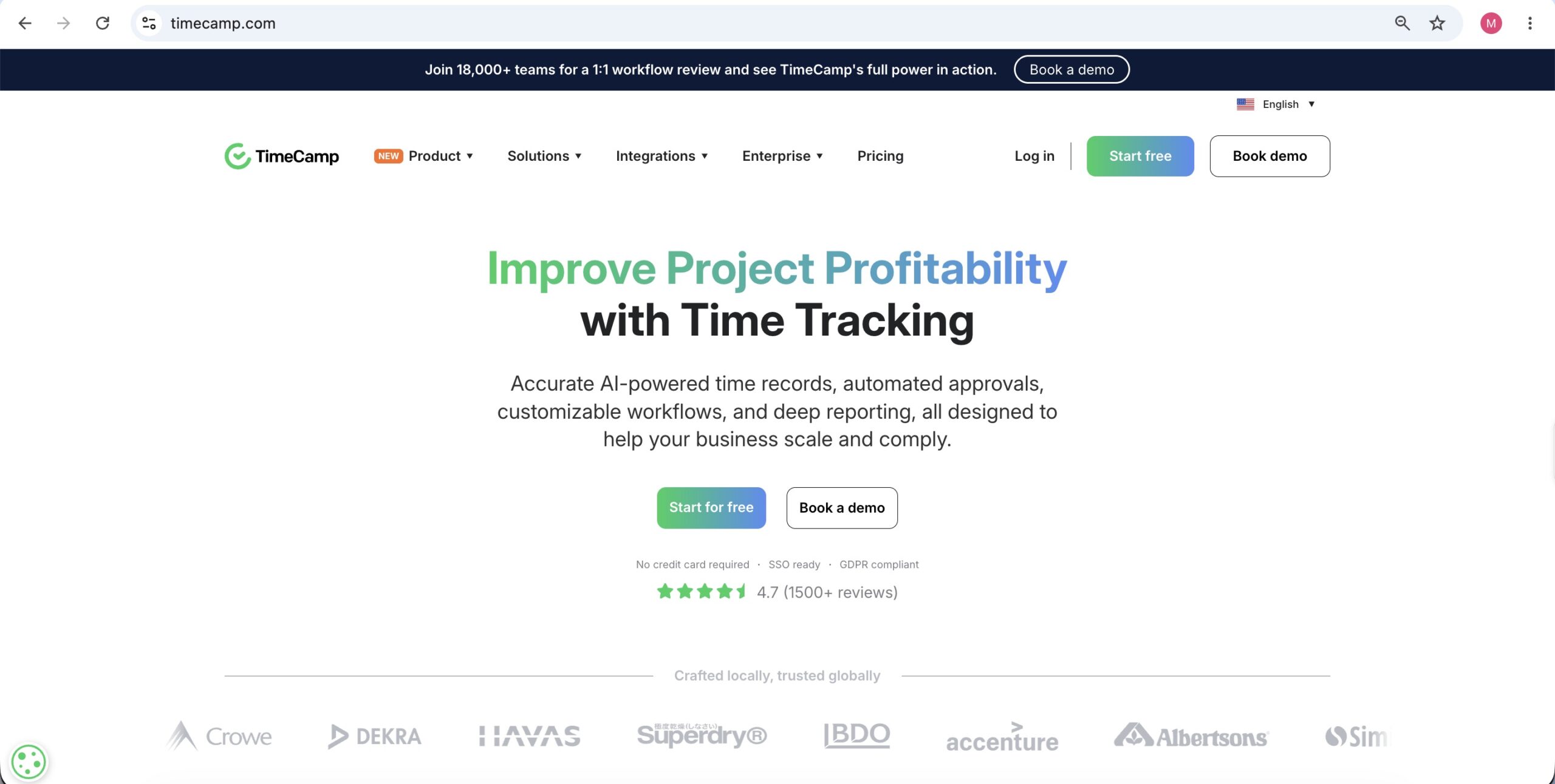 a screenshot of hero section of timecamp homepage