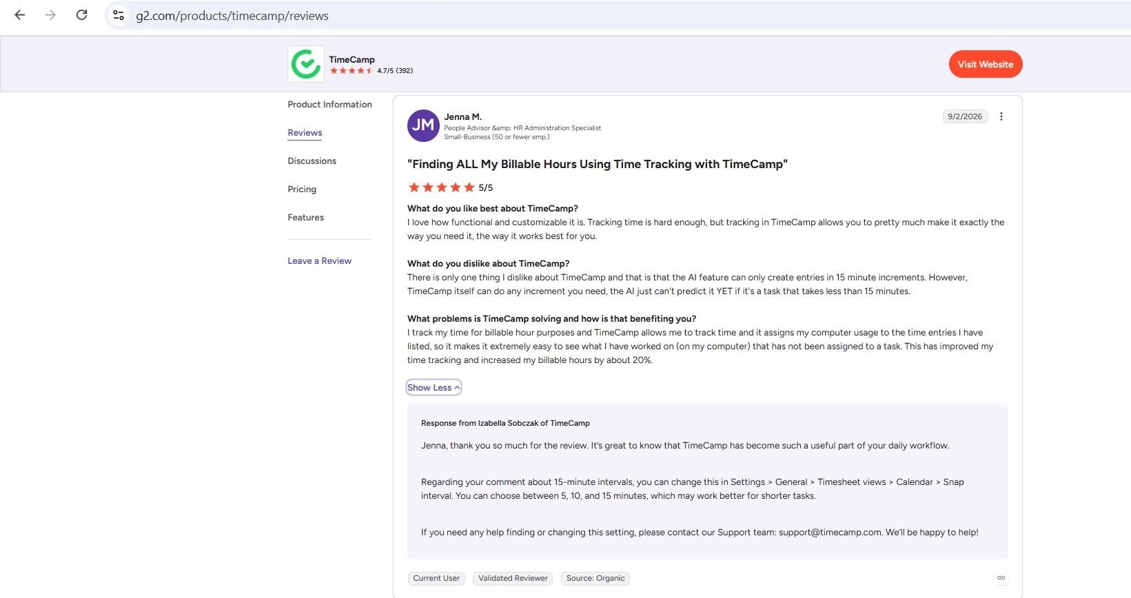 a screenshot of timecamp review 1