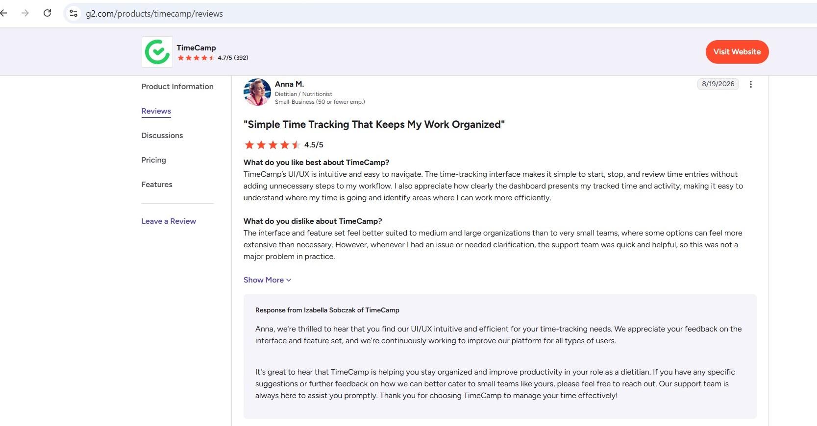 a screenshot of timecamp review 2