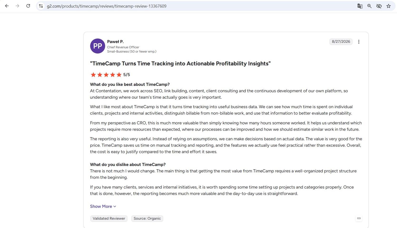 a screenshot of timecamp g2 review 