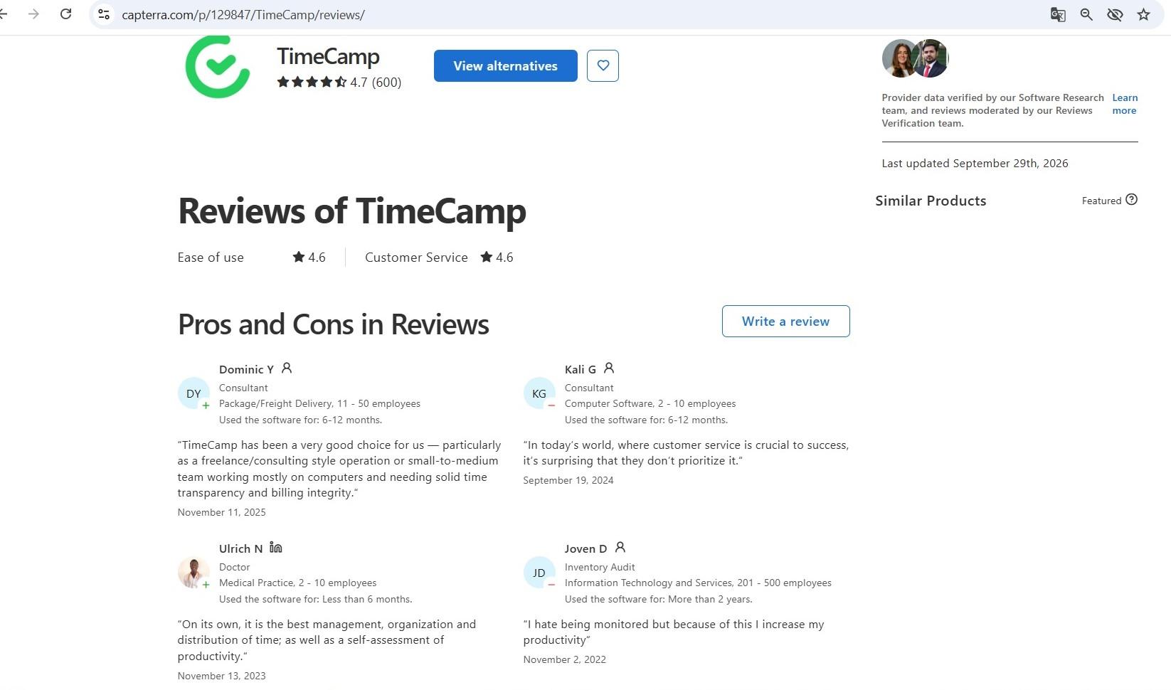 screenshot of timecamp capterra review