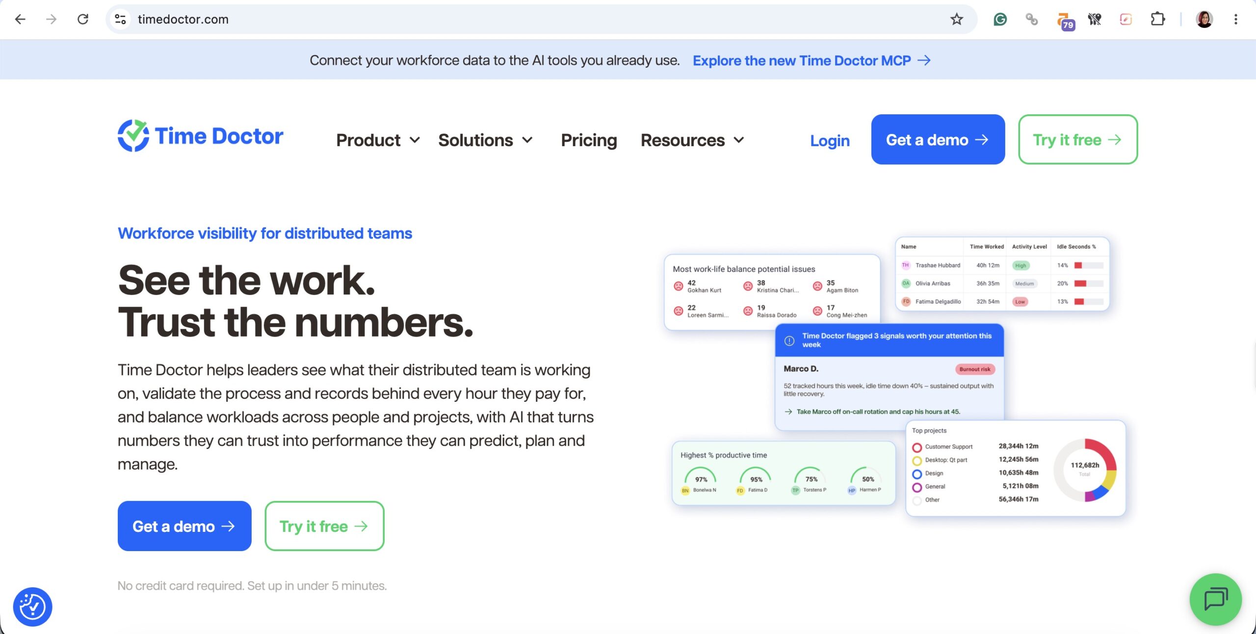 a screenshot of hero section of time doctor homepage