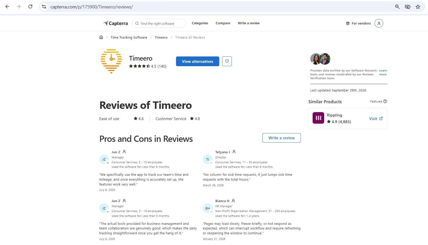 a collage of capterra reviews of timeero