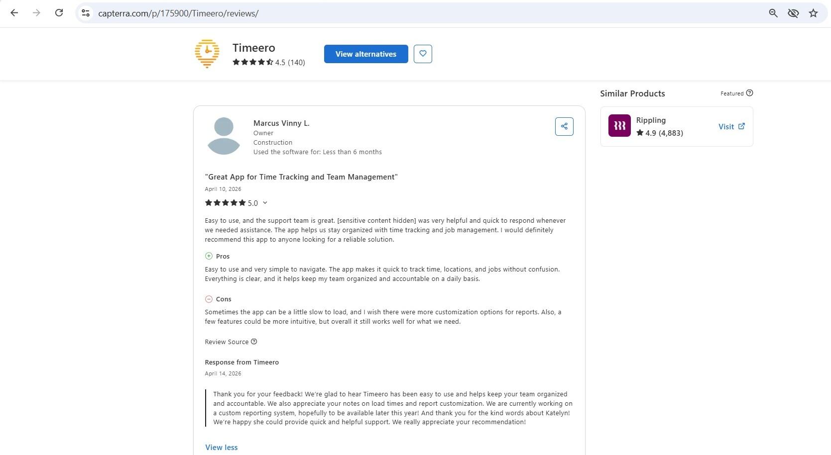 a screenshot of capterra review of timeero