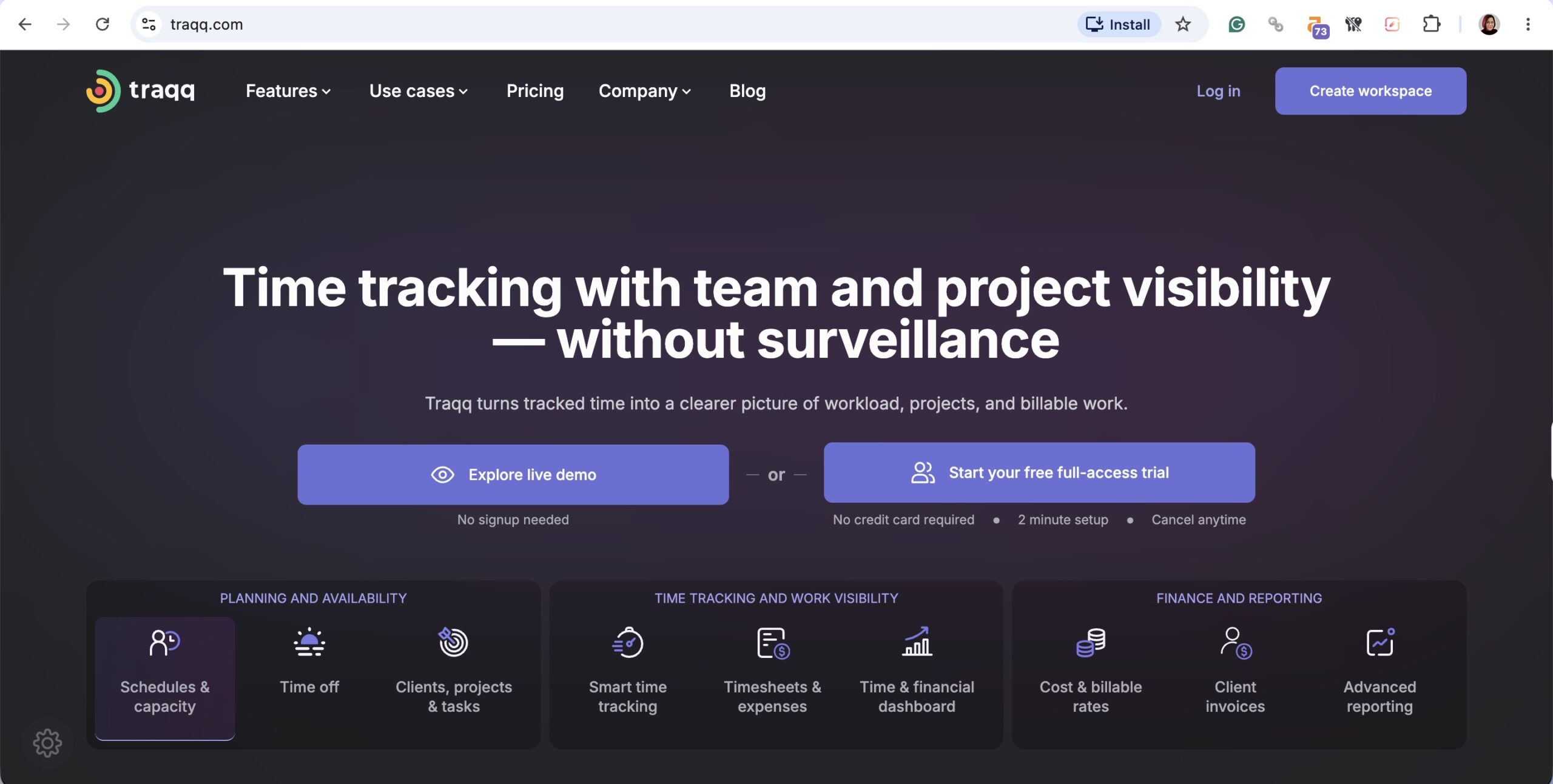 a screenshot of hero section of traqq homepage