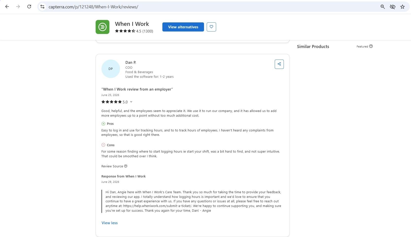 a screensot of review of when i work posted on capterra