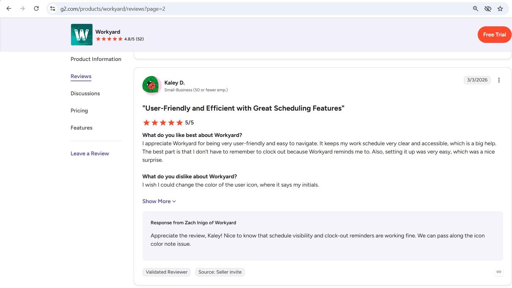 a screenshot of workyard g2 review