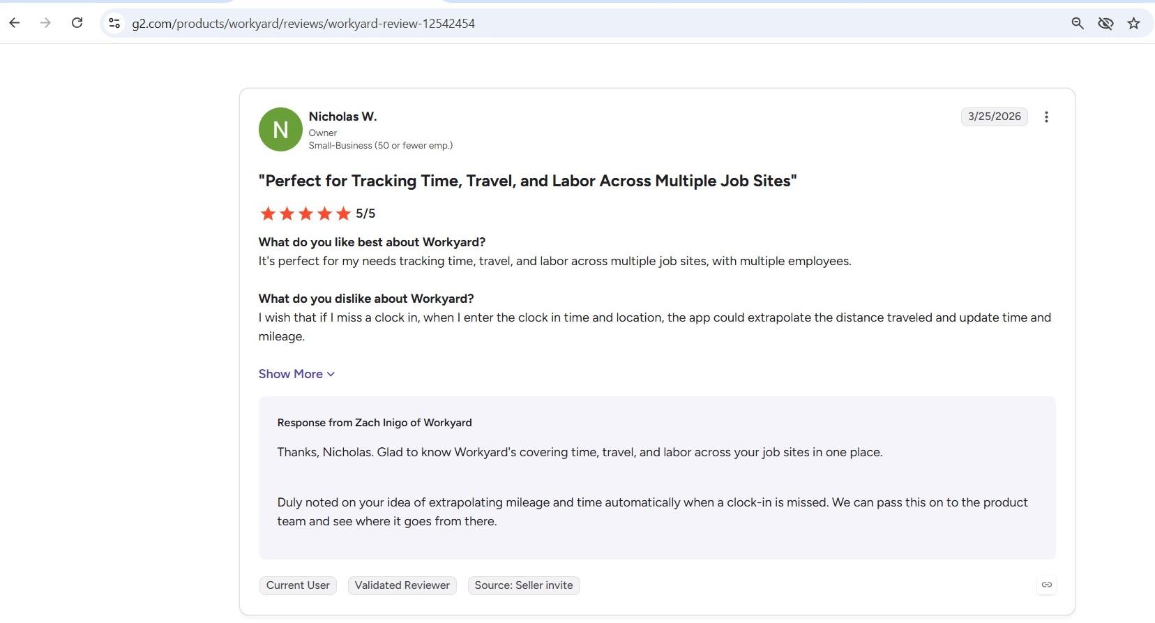 a screenshot of workyard review