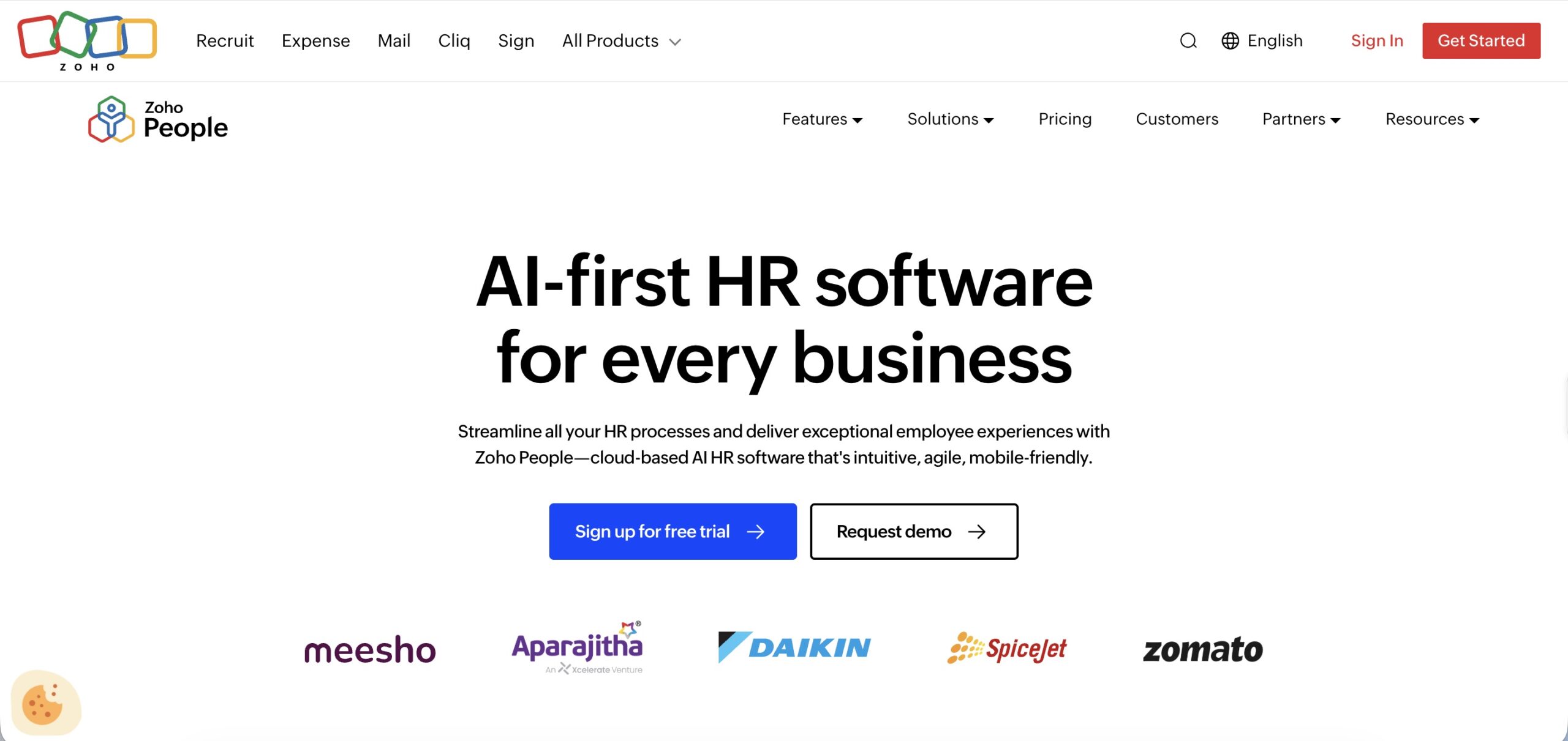 a hero section of zoho people website