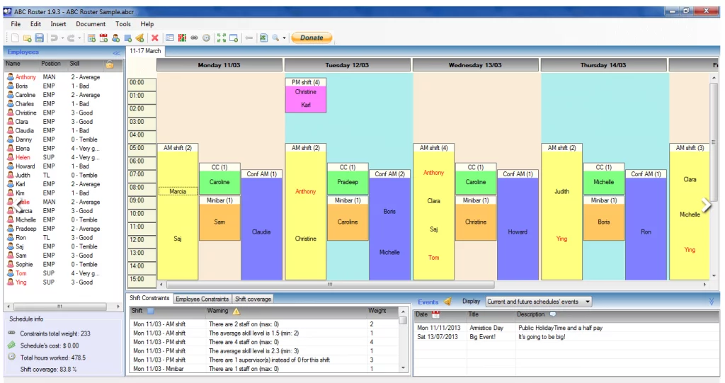 ABC Roster el horario de trabajo