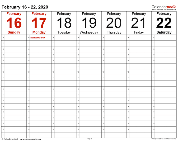 Calendarpedia weekly template