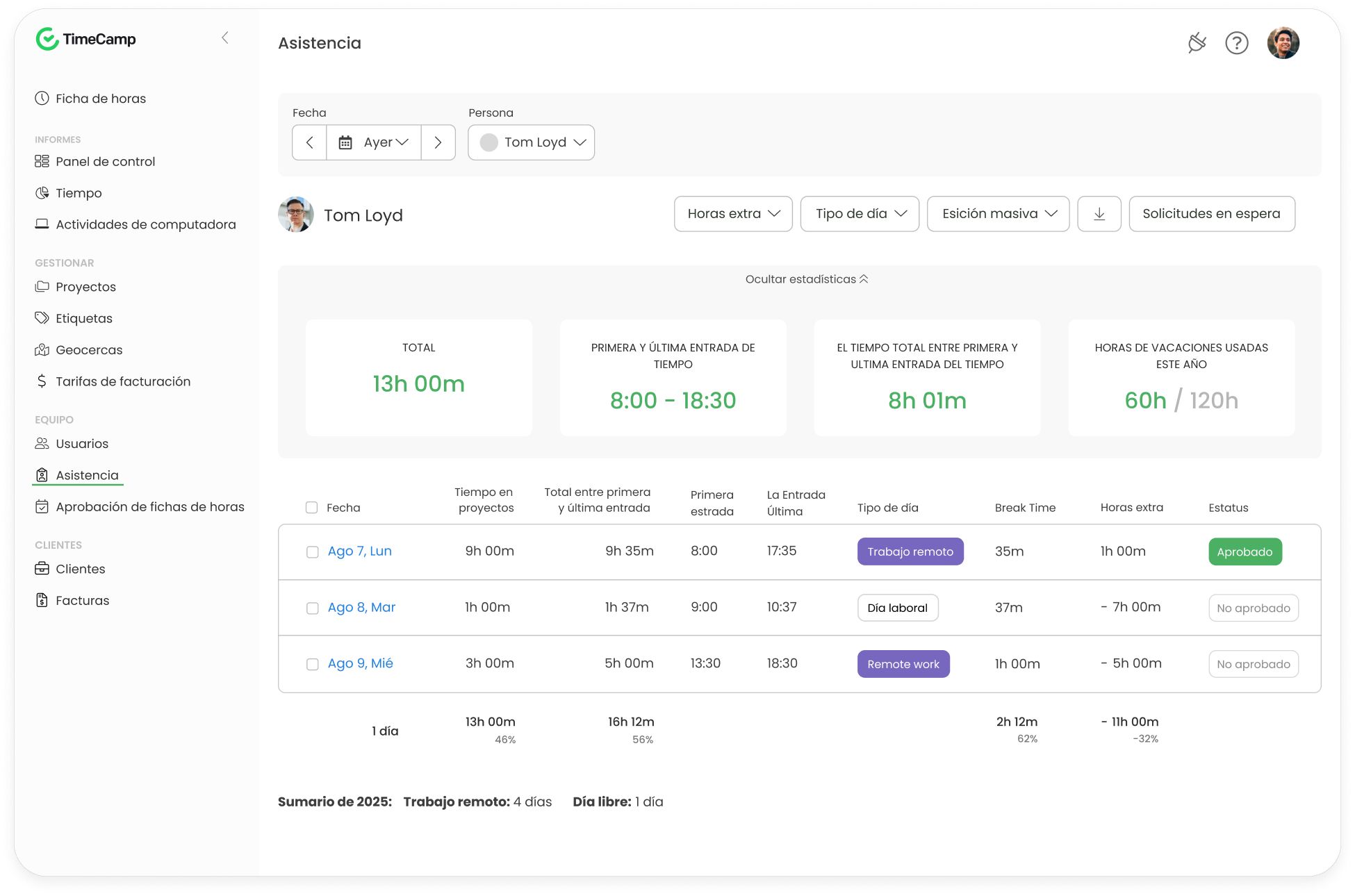 Registro de Jornada Laboral timecamp attendance feature screenshot