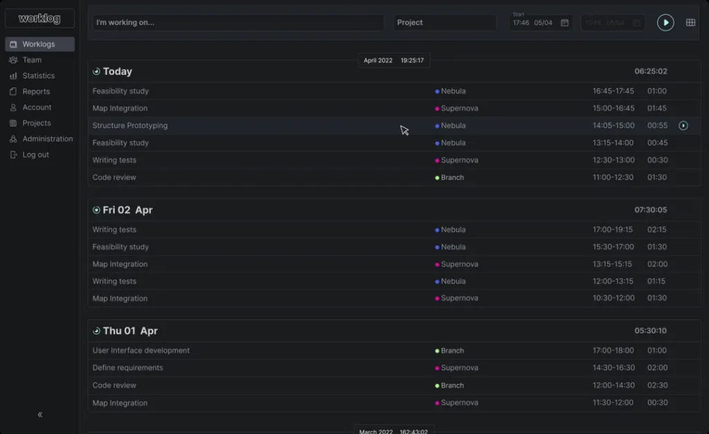 applications de minuterie gratuites worklog screenshot