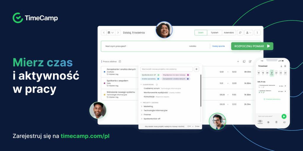grafika przedstawiająca widoki z aplikacji TimeCamp