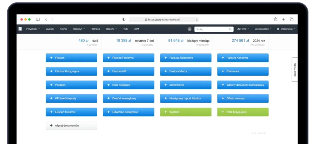 zrzut ekranu z aplikacji Fakturownia na potrzeby artykułu pt. najlepsze narzędzia do pracy hybrydowej