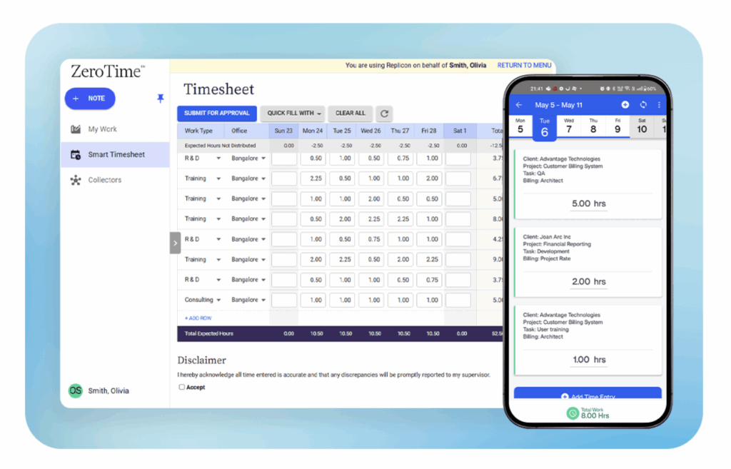 a screenshot of replicon features on PC and mobile phone