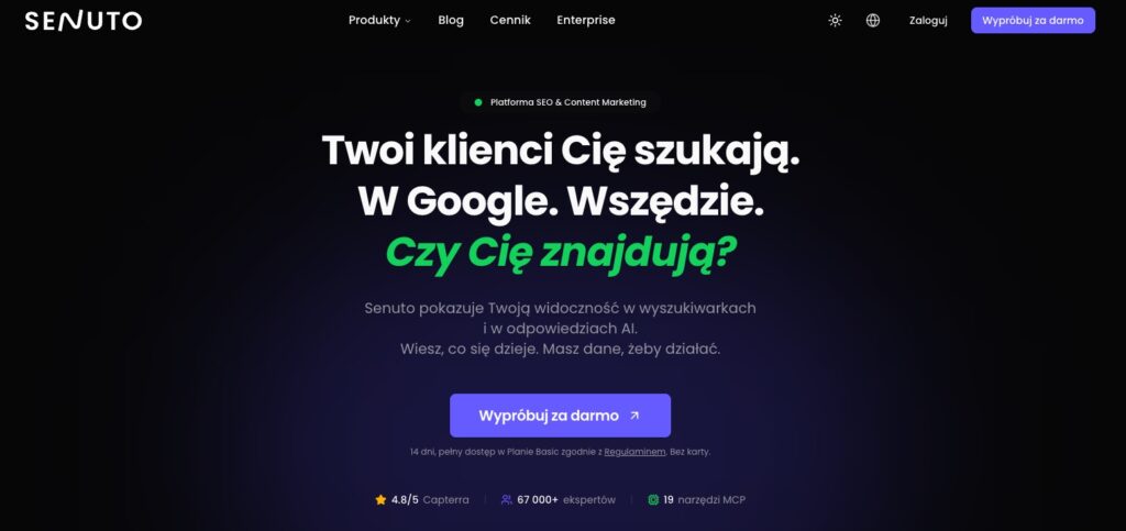 zrzut ekranu strony internetowej narzędzia senuto